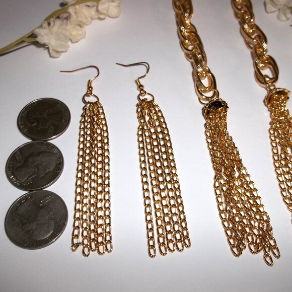 Gold Earrings and Necklace Scarf Costume Fashion Jewelry Tassel Set Lot C720 - Picture 2 of 5